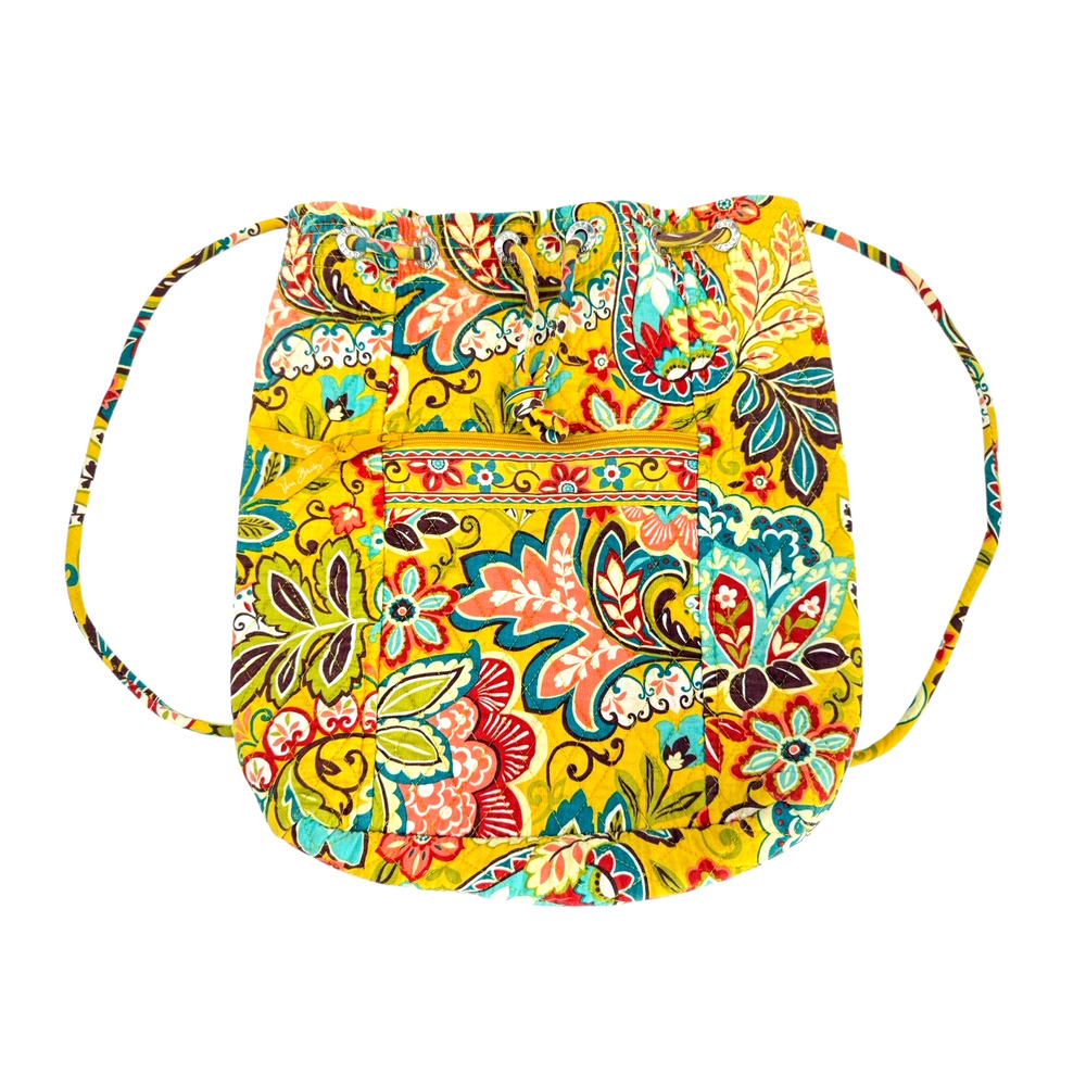 Vera Bradley Provencal Drawstring Backsack Front Pocket Quilt Yellow Blu Retired